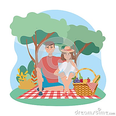 Woman and man with sandwinch and grapes with apple Vector Illustration