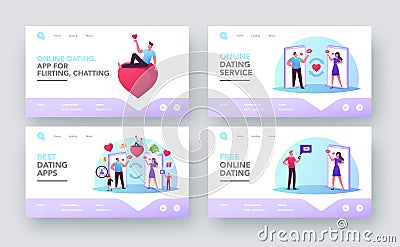 Woman and Man Searching Love Partner on Dating Site Landing Page Template Set. Virtual Relations, Characters Chat Online Vector Illustration