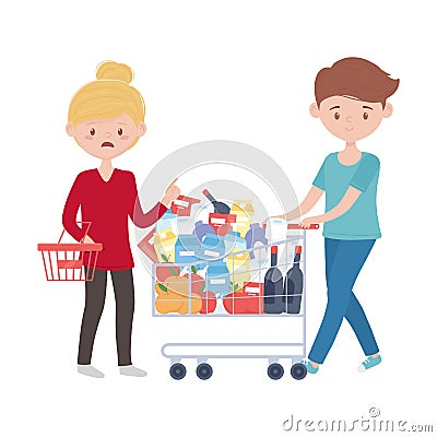 Woman and man shopping with cart basket and products vector design Vector Illustration