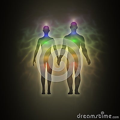 Woman and man silhouette, aura, chakras, energy Stock Photo