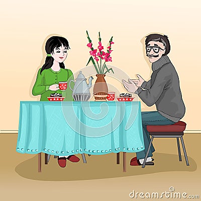 Woman and man sitting at the table and drink tea with cake. The conversation in kitchen between two people. Vector illustration Vector Illustration