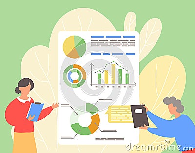 Woman and man teachers near information presentation with digital indicators and charts Vector Illustration