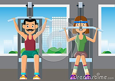 Woman and man are training on the simulator in the gym Cartoon Illustration