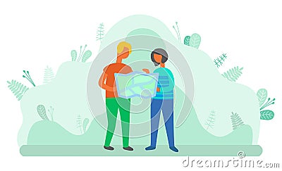 Woman and Man Using Map to Find Location Get Lost Vector Illustration