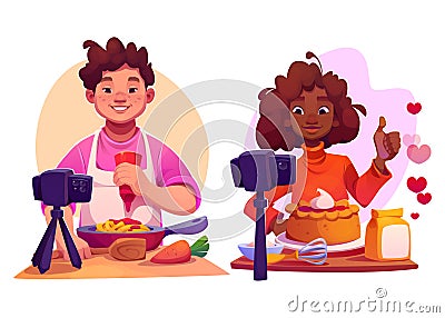 Woman and man on virtual cook food class workshop Vector Illustration
