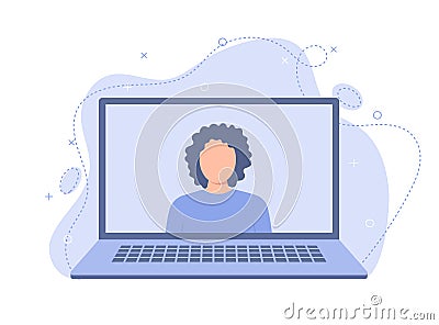 A woman manages an online business, holds meetings and communicates with staff using a laptop Vector Illustration