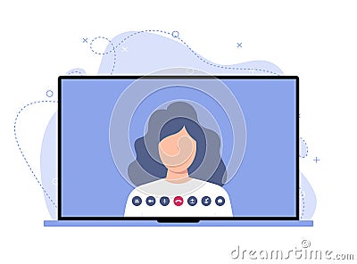 A woman manages an online business, holds meetings and communicates with staff using a laptop Vector Illustration