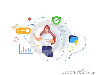 woman manages virtual data icon, illustration. Smartphones tablets user interface social media.Flat illustration Icons Cartoon Illustration