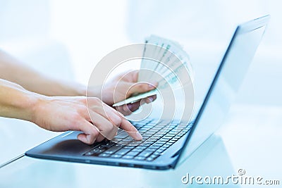 A woman managing her money finances on computer, online banking. Shopping online Stock Photo