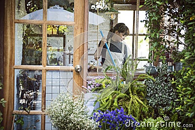 Woman managing a small bakery house Stock Photo