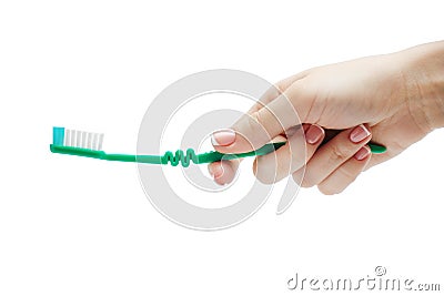 Woman manicured hand holding a toothbrush on white background Stock Photo