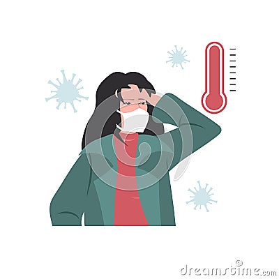 Woman in mask feeling sickness epidemic MERS-CoV wuhan coronavirus fever temperature symptoms 2019-nCoV pandemic medical Vector Illustration