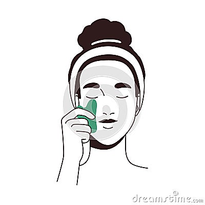 Woman massaging face with guasha scraper. Young girl applying gua sha jade tool. Female with beauty facial stone Vector Illustration
