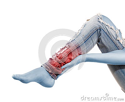 Woman massaging her Calves - Anatomy Muscles. Stock Photo