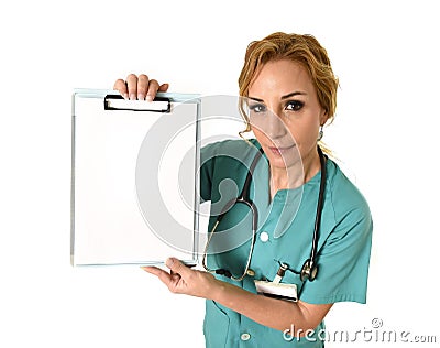 Woman md emergency doctor or nurse holding and showing blank copy space billboard folder Stock Photo