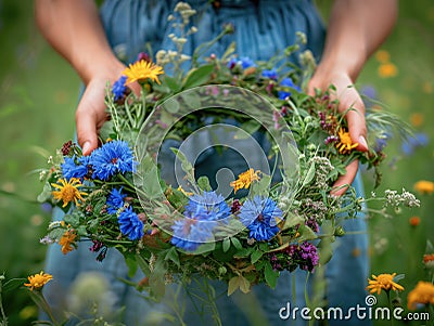 Woman in the meadow holding a wreath of wild flowers and herbs. Female hands holding floral midsummer chaplet. midsummer Stock Photo