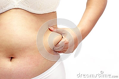 Woman measuring her belly fat with her hands Stock Photo