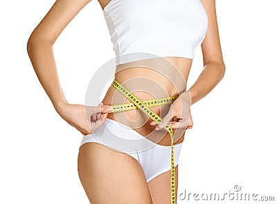 Woman measuring her waistline. Perfect Slim Body Stock Photo