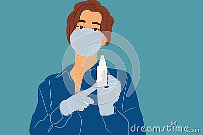 Woman in medical mask and gloves holding a disinfectant Vector Illustration