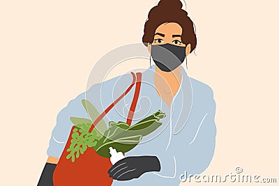 Woman in medical mask and gloves with shopping bag full of fresh food Vector Illustration