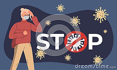 Woman in medical mask infected by virus, have headache, flying virus around, crossed out stop sign Vector Illustration