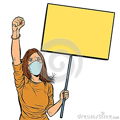 Woman in medical mask protests with a poster. isolate on white b Vector Illustration