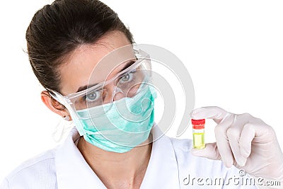 Woman medical scientific researcher doctor scientist holds in hand a test tube with covid19 virus coronavirus Stock Photo