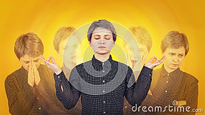 Woman meditate as suffer split emotions. Multipolar mental health disorder concept. Schizophrenia psychiatric disease Stock Photo
