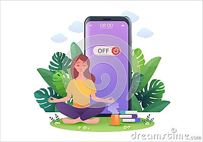Woman meditate in lotus pose retreating from social media and internet by turning off smartphone. Digital detox concept. Vector Illustration