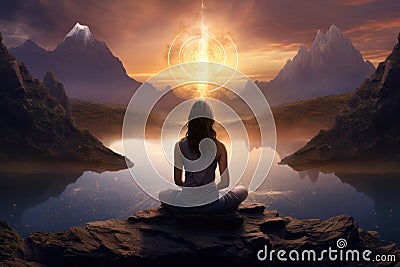 Woman meditates in yoga pose, sitting with her back amid serene cosmic landscape. Concept of deep connection with the Stock Photo