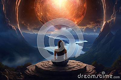 Woman meditates in yoga pose, sitting with her back amid serene cosmic landscape. Concept of deep connection with the Stock Photo