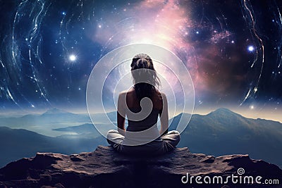 Woman meditates in yoga pose, sitting with her back amid serene cosmic landscape. Spiritual development. Concept of deep Stock Photo
