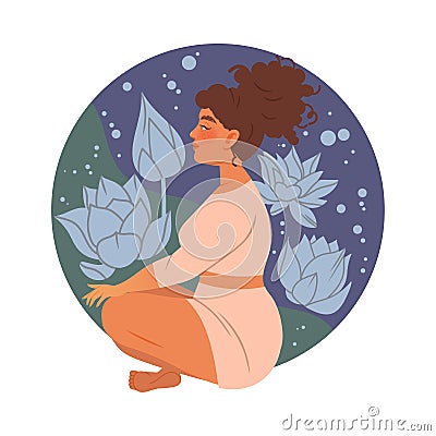 Woman meditating in Lotus pose. Side view of young woman practicing yoga and breathing exercise cartoon vector Vector Illustration