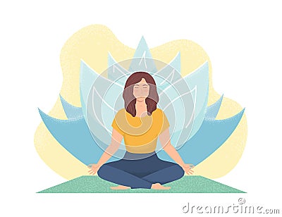 Woman meditating in nature. Concept for girl yoga, meditation, relax, recreation, healthy lifestyle Woman lotus position Vector Illustration