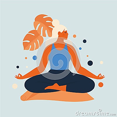 Woman meditating in nature and leaves. Concept illustration for yoga, meditation, relax, recreation, healthy lifestyle Vector Illustration