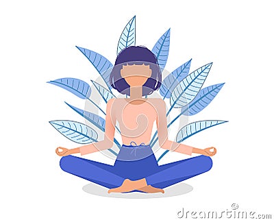 Woman meditating in plant leaves. Girl in lotus pose practicing yoga. Concept illustration of relaxing. Vector Illustration