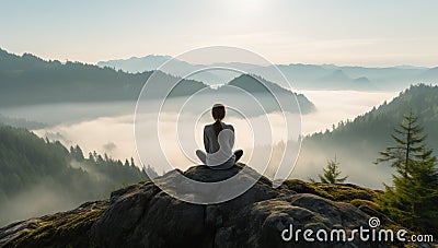 A woman meditating on top of mountain and looking at misty valley Stock Photo