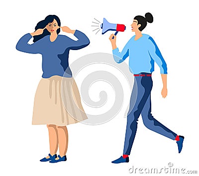 Woman with megaphone. Aggressive management vector illustration. Business Woman pressure on employee, disrespect and Vector Illustration