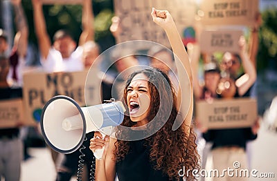 Woman, megaphone and shouting with protest crowd, change or environment justice in city. Bullhorn, loudspeaker and Stock Photo