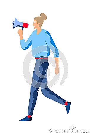 Woman with megaphone. Speaker holding a megaphone. Promoter advertising using a speaker. Business woman speaking into Vector Illustration