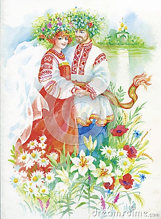 Woman and men in national costumes and wreaths on the river bank. Watercolor illustration Vector Illustration