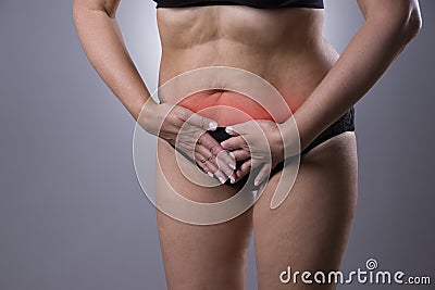 Woman with menstrual pain, endometriosis or cystitis, stomach ache Stock Photo