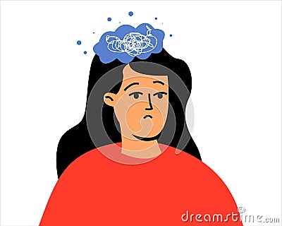 A woman with mental problems. Confusion in the head. Confused thoughts, mental health Vector Illustration