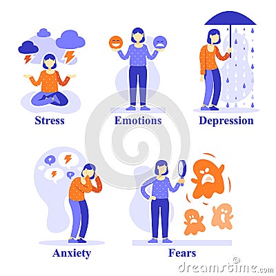 Woman with mental problems, psychological situations, psychology help, emotional development Vector Illustration