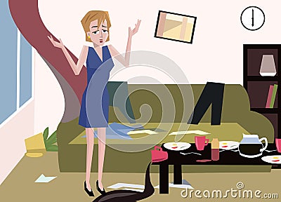 Woman at messy room Vector Illustration