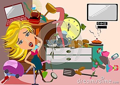 Woman in a messy room Cartoon Illustration