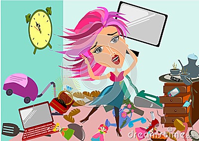 Woman in a messy room Cartoon Illustration