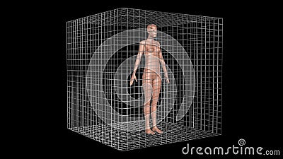 Woman in metal cage . Faraday cage . 3d render illustration Cartoon Illustration