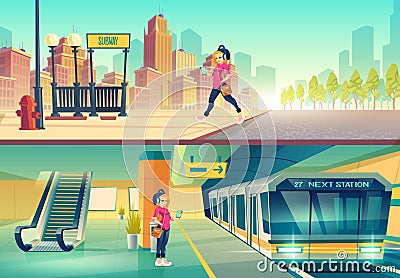 Woman at metro station. metropolitan platform Vector Illustration