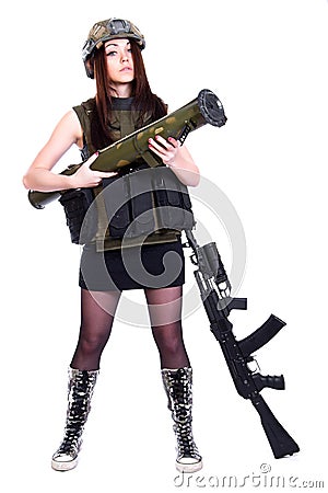 Woman in a military camouflage with a grenade launcher and an as Stock Photo